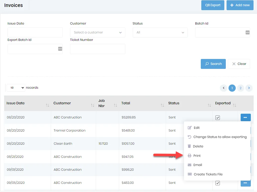 Selecting print option for invoice