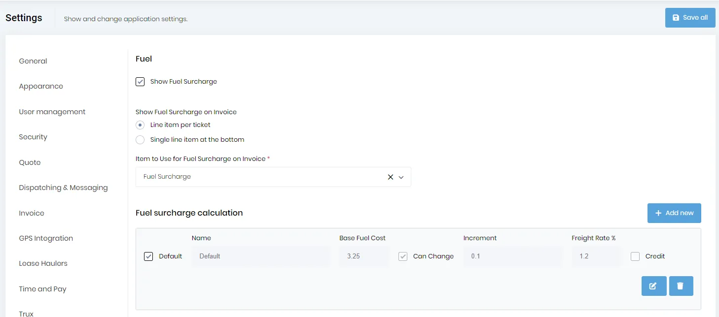 Fuel surcharge settings